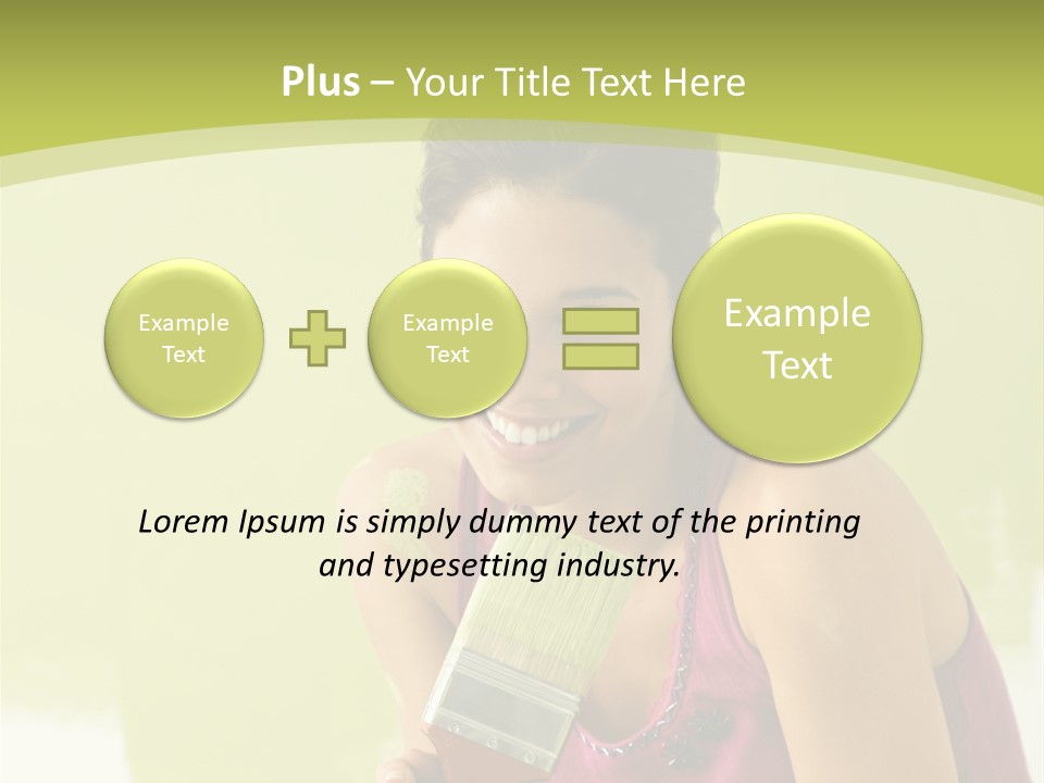 Pretty Smiling Woman Kneeling In Front Of Partially Painted Wall Holding Paintbrush. PowerPoint Template