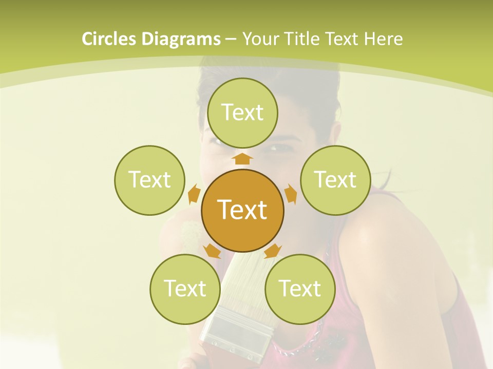 Pretty Smiling Woman Kneeling In Front Of Partially Painted Wall Holding Paintbrush. PowerPoint Template