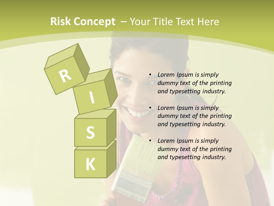 Pretty Smiling Woman Kneeling In Front Of Partially Painted Wall Holding Paintbrush. PowerPoint Template