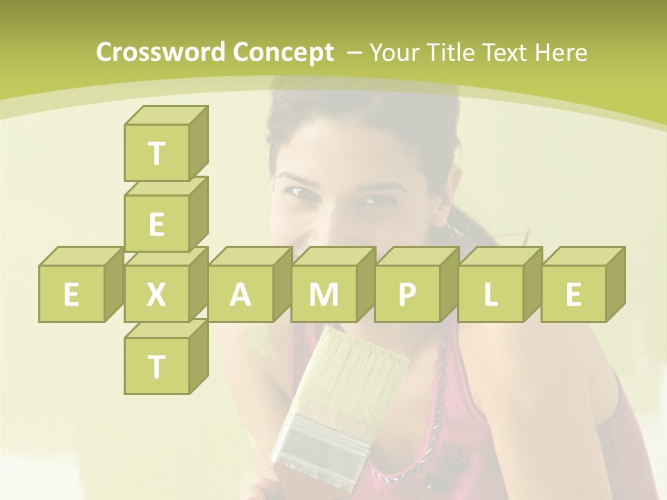 Pretty Smiling Woman Kneeling In Front Of Partially Painted Wall Holding Paintbrush. PowerPoint Template