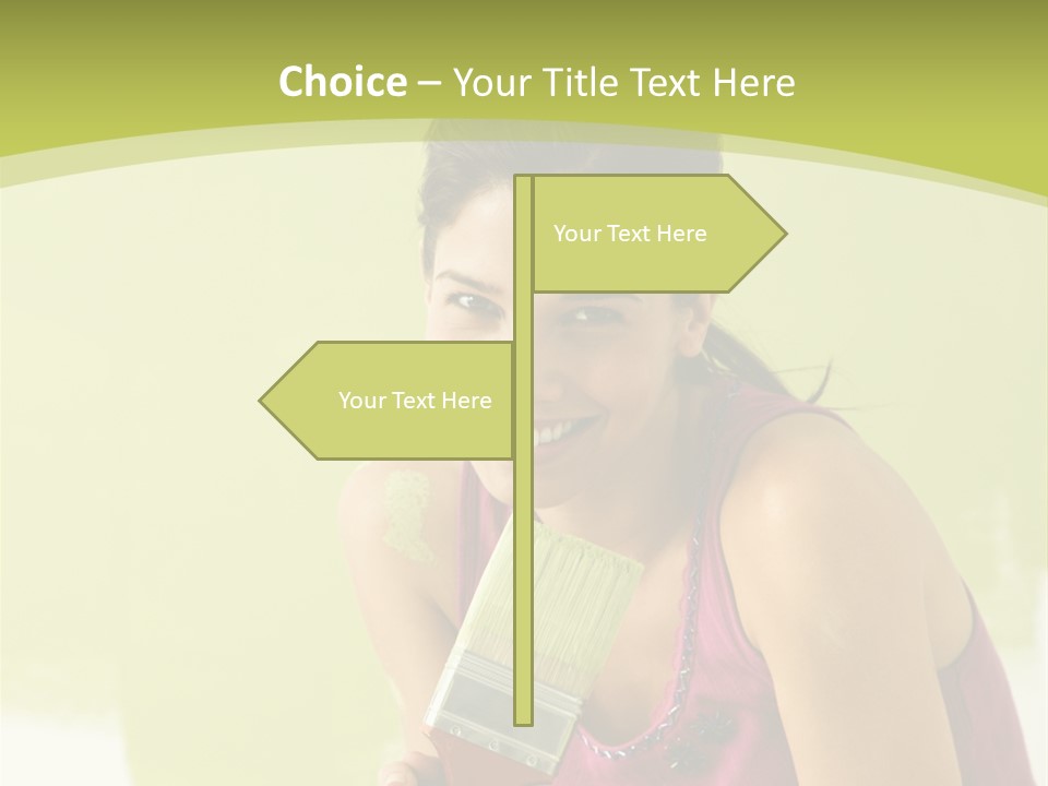 Pretty Smiling Woman Kneeling In Front Of Partially Painted Wall Holding Paintbrush. PowerPoint Template