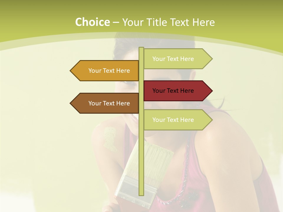 Pretty Smiling Woman Kneeling In Front Of Partially Painted Wall Holding Paintbrush. PowerPoint Template