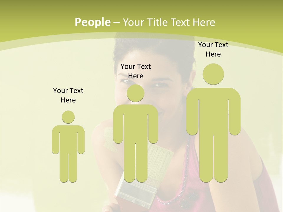 Pretty Smiling Woman Kneeling In Front Of Partially Painted Wall Holding Paintbrush. PowerPoint Template