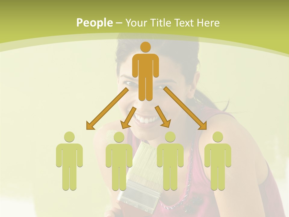 Pretty Smiling Woman Kneeling In Front Of Partially Painted Wall Holding Paintbrush. PowerPoint Template