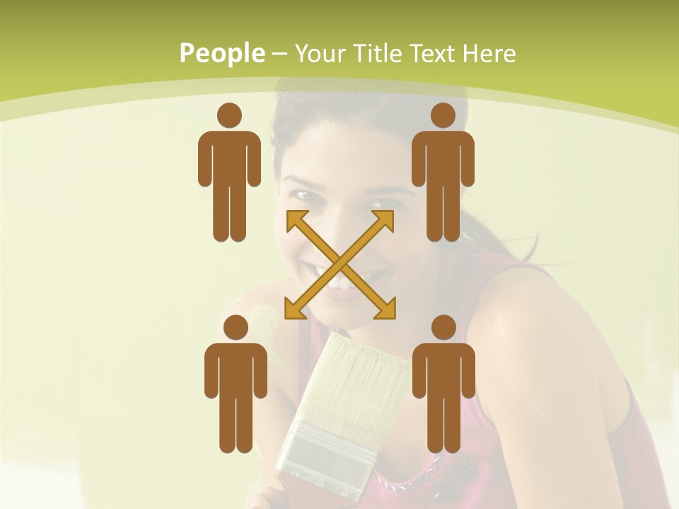 Pretty Smiling Woman Kneeling In Front Of Partially Painted Wall Holding Paintbrush. PowerPoint Template