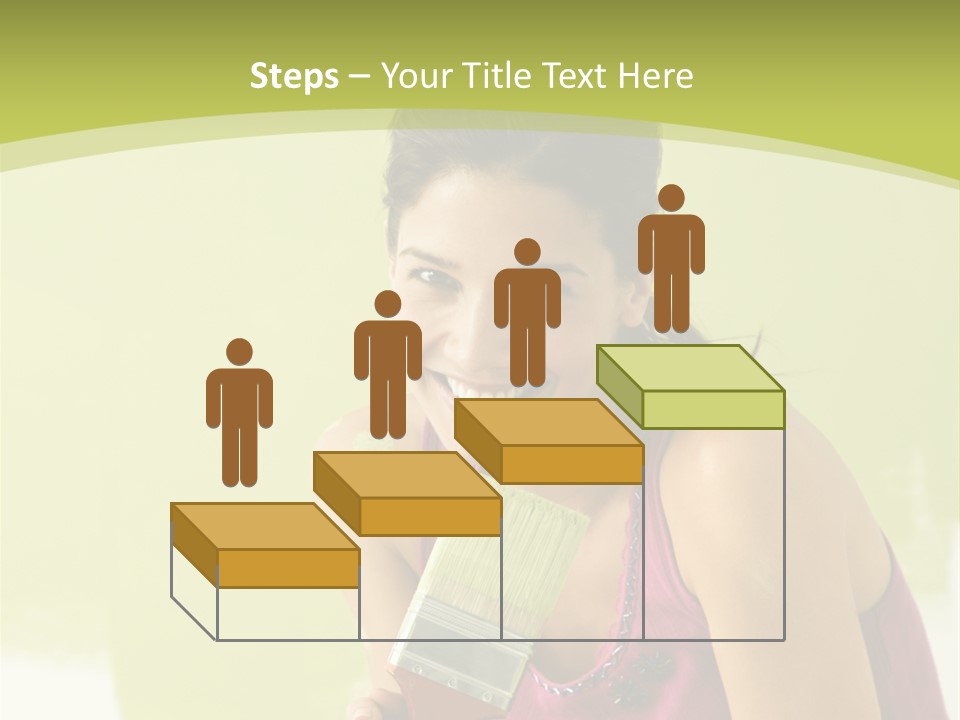 Pretty Smiling Woman Kneeling In Front Of Partially Painted Wall Holding Paintbrush. PowerPoint Template