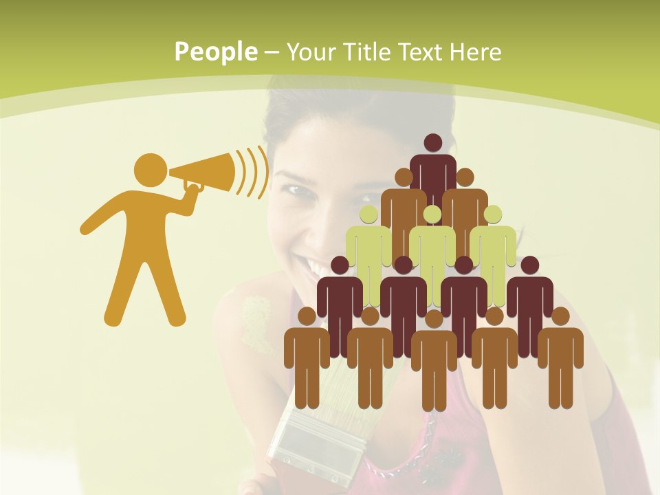 Pretty Smiling Woman Kneeling In Front Of Partially Painted Wall Holding Paintbrush. PowerPoint Template