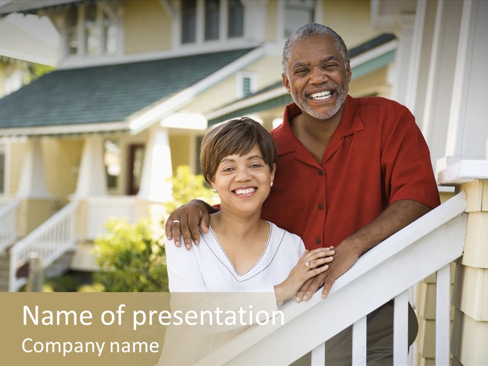 African American Middle Aged Couple Standing Together On Stairs Outside Home. PowerPoint Template