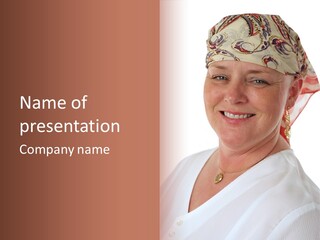 A Cancer Patient Wearing A Scarf To Hide Her Baldness. First In A Sequence Of Gradually Removing The Scarf. PowerPoint Template