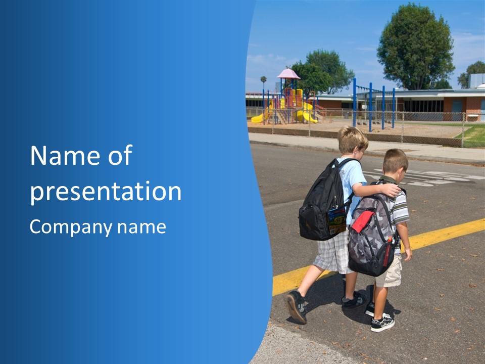 Two Brothers Cross The Street At A Cross Walk On Their Way To School PowerPoint Template