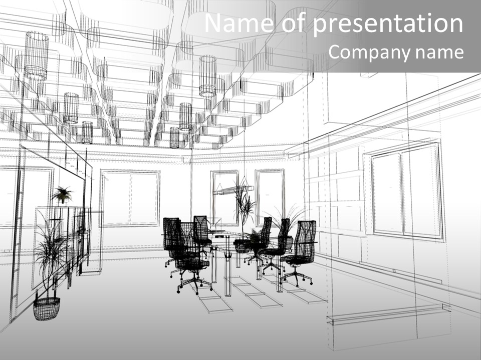 A Drawing Of A Room With Chairs And Desks PowerPoint Template