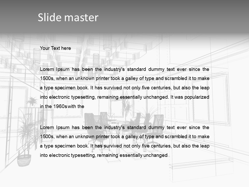 A Drawing Of A Room With Chairs And Desks PowerPoint Template