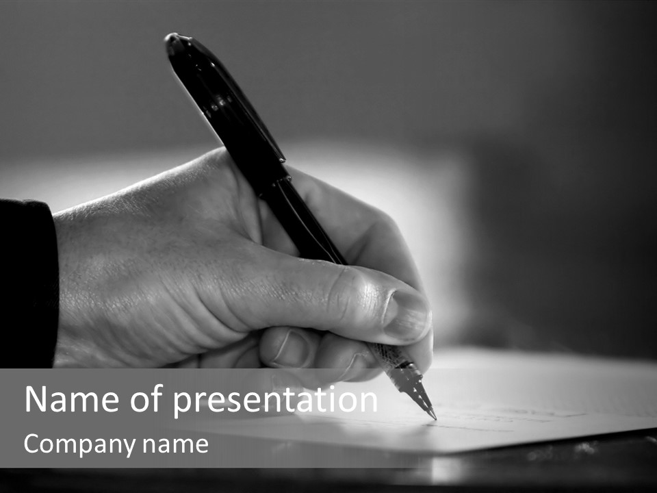 Hand At Desk Signing Paperwork/Document/ Contract Or Making Notes - Black And White Image. PowerPoint Template