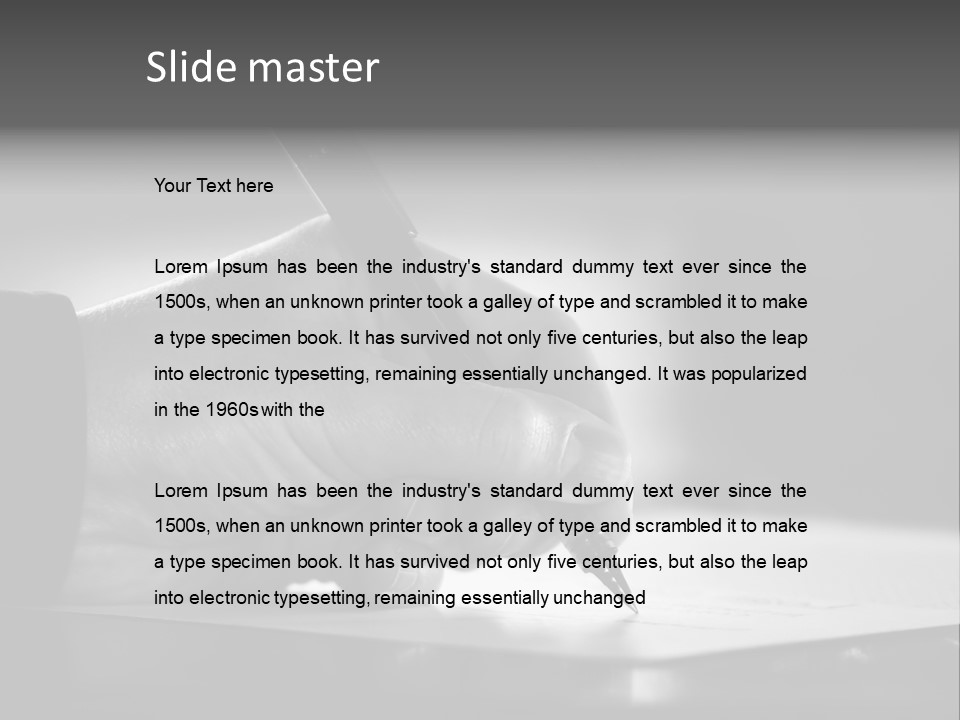 Hand At Desk Signing Paperwork/Document/ Contract Or Making Notes - Black And White Image. PowerPoint Template