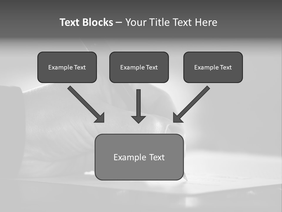 Hand At Desk Signing Paperwork/Document/ Contract Or Making Notes - Black And White Image. PowerPoint Template