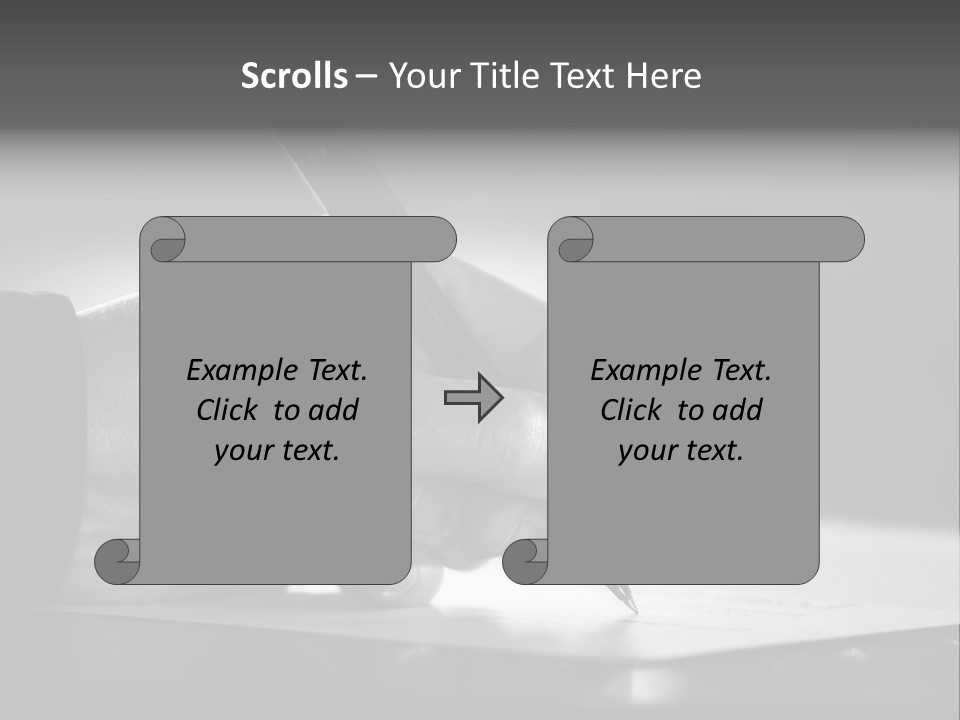 Hand At Desk Signing Paperwork/Document/ Contract Or Making Notes - Black And White Image. PowerPoint Template