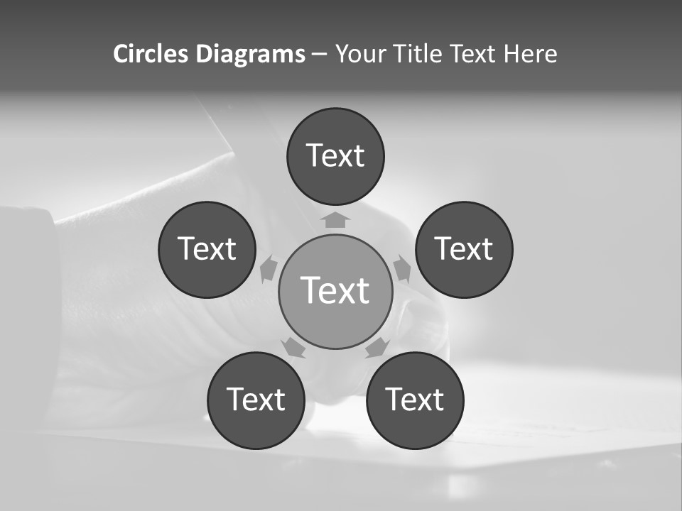 Hand At Desk Signing Paperwork/Document/ Contract Or Making Notes - Black And White Image. PowerPoint Template