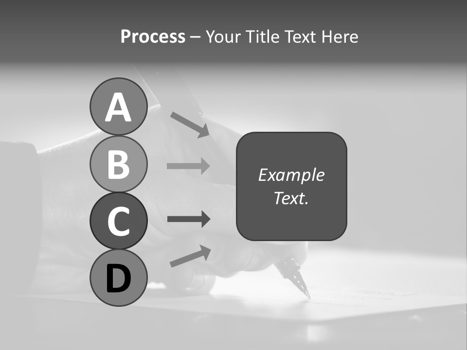 Hand At Desk Signing Paperwork/Document/ Contract Or Making Notes - Black And White Image. PowerPoint Template