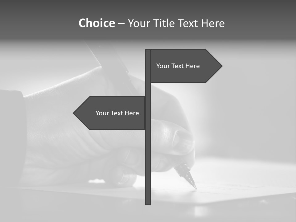 Hand At Desk Signing Paperwork/Document/ Contract Or Making Notes - Black And White Image. PowerPoint Template