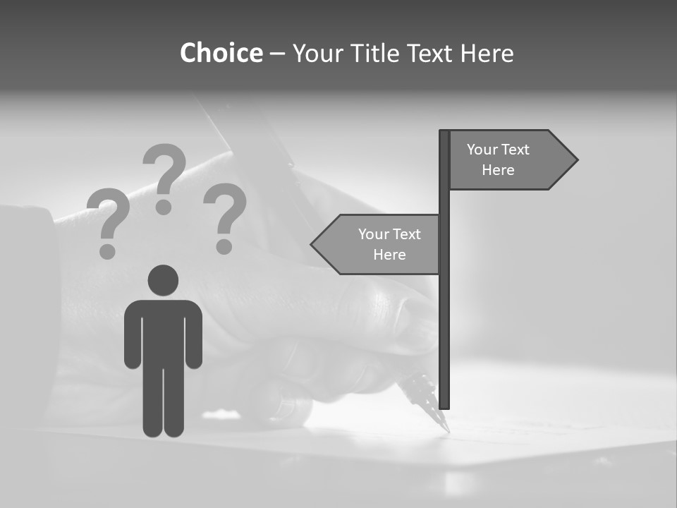 Hand At Desk Signing Paperwork/Document/ Contract Or Making Notes - Black And White Image. PowerPoint Template