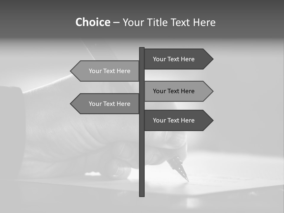 Hand At Desk Signing Paperwork/Document/ Contract Or Making Notes - Black And White Image. PowerPoint Template