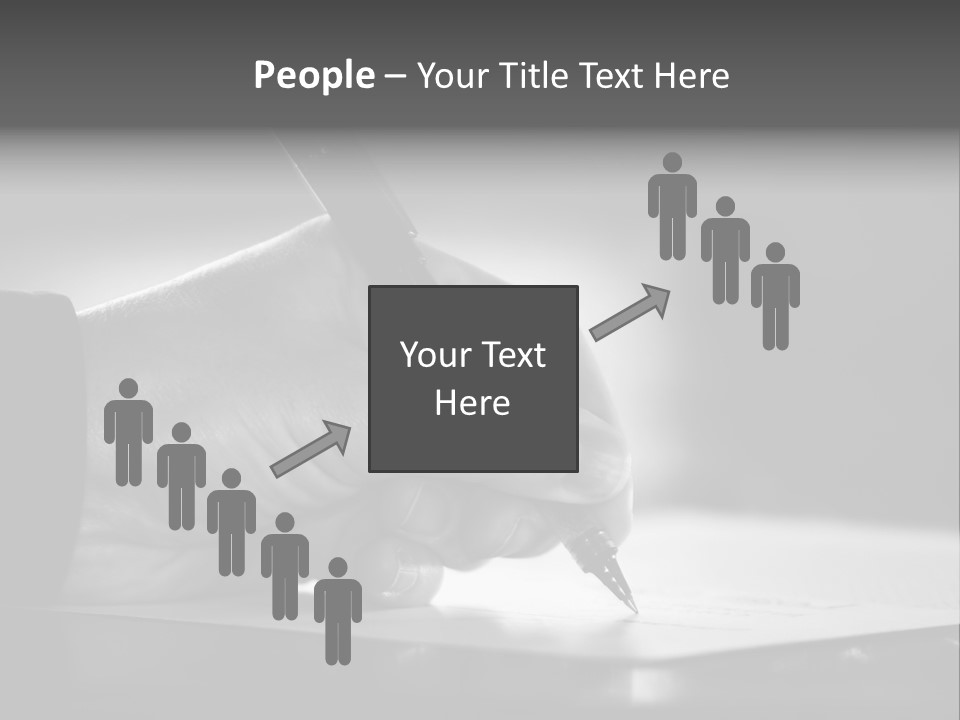 Hand At Desk Signing Paperwork/Document/ Contract Or Making Notes - Black And White Image. PowerPoint Template