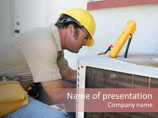 An Air Conditioning Repairman Working On A Compressor Unit. PowerPoint Template