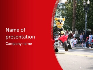 A Person Riding A Motorcycle With A Mascot On The Back Of It PowerPoint Template