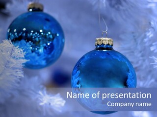 Two Ornaments On Frosted Christmas Tree PowerPoint Template