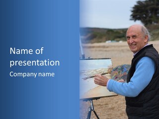 Mature Artist Painting A Coastal Landscape With Paintbrush, Easel And Painter's Palette. PowerPoint Template