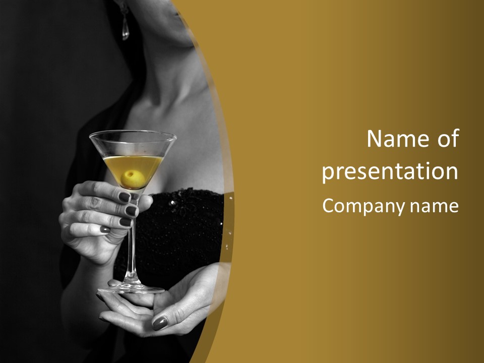 The Image Of A Glass From Martinis In A Female Hand On A Black Background PowerPoint Template