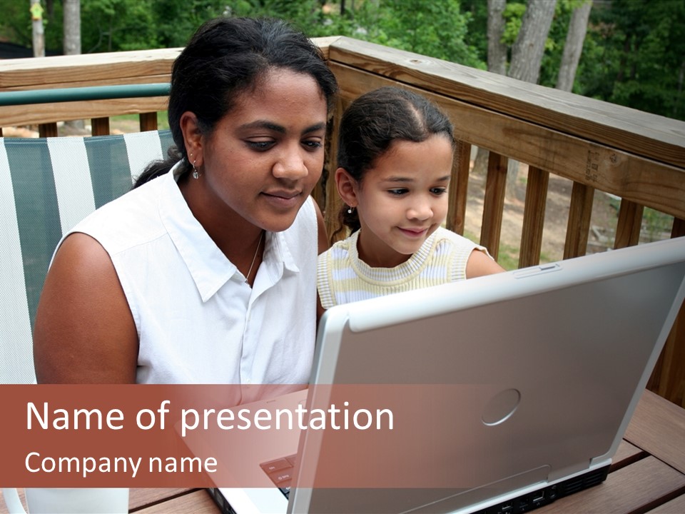 A Mother With Her Children Use The Computer PowerPoint Template