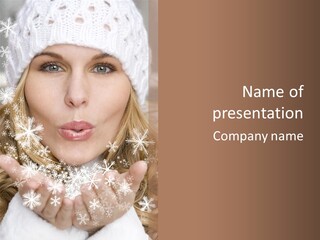 Winter Woman Blowing A Gift Os Snow To The Camera PowerPoint Template