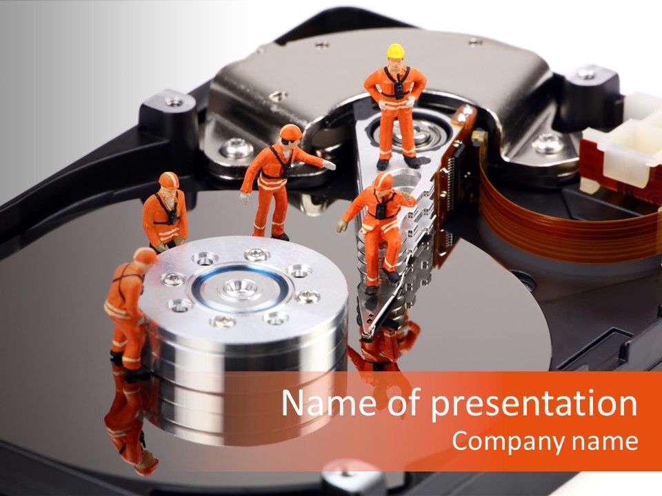 Miniature Technicians Closely Inspecting A Hard Drive For Viruses, Spyware And Trojans. Computer Technician Concept. PowerPoint Template