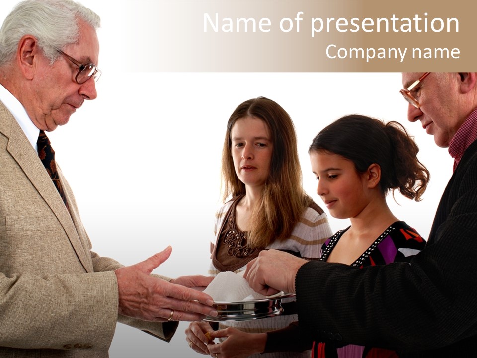 Elderly Man Passing The Bread Of Communion To Three People In The Congregation. Isolated On White. PowerPoint Template