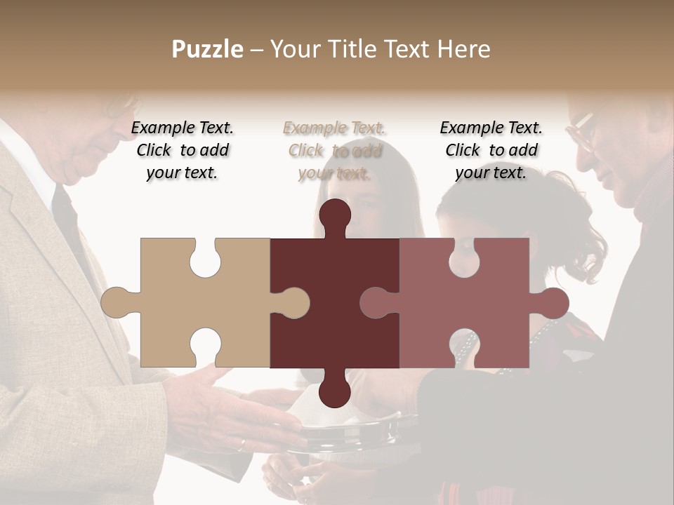 Elderly Man Passing The Bread Of Communion To Three People In The Congregation. Isolated On White. PowerPoint Template