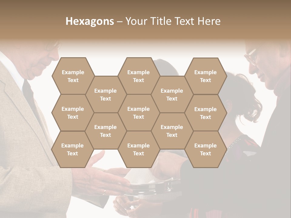 Elderly Man Passing The Bread Of Communion To Three People In The Congregation. Isolated On White. PowerPoint Template