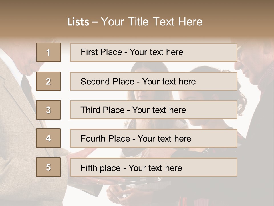 Elderly Man Passing The Bread Of Communion To Three People In The Congregation. Isolated On White. PowerPoint Template