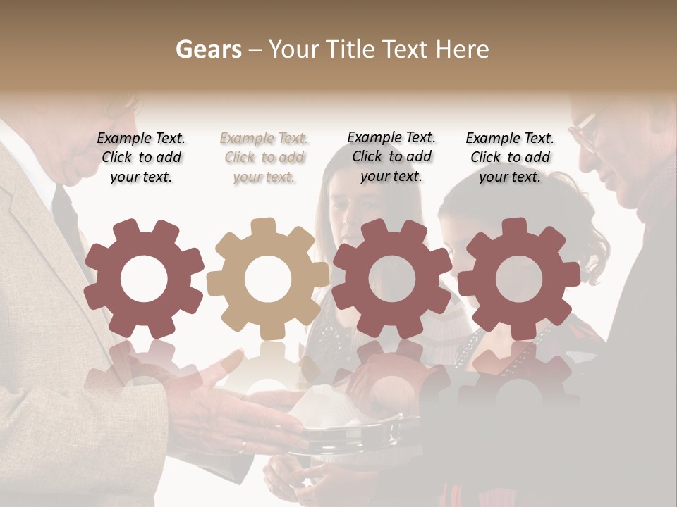 Elderly Man Passing The Bread Of Communion To Three People In The Congregation. Isolated On White. PowerPoint Template