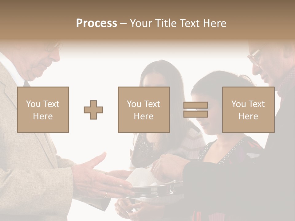 Elderly Man Passing The Bread Of Communion To Three People In The Congregation. Isolated On White. PowerPoint Template