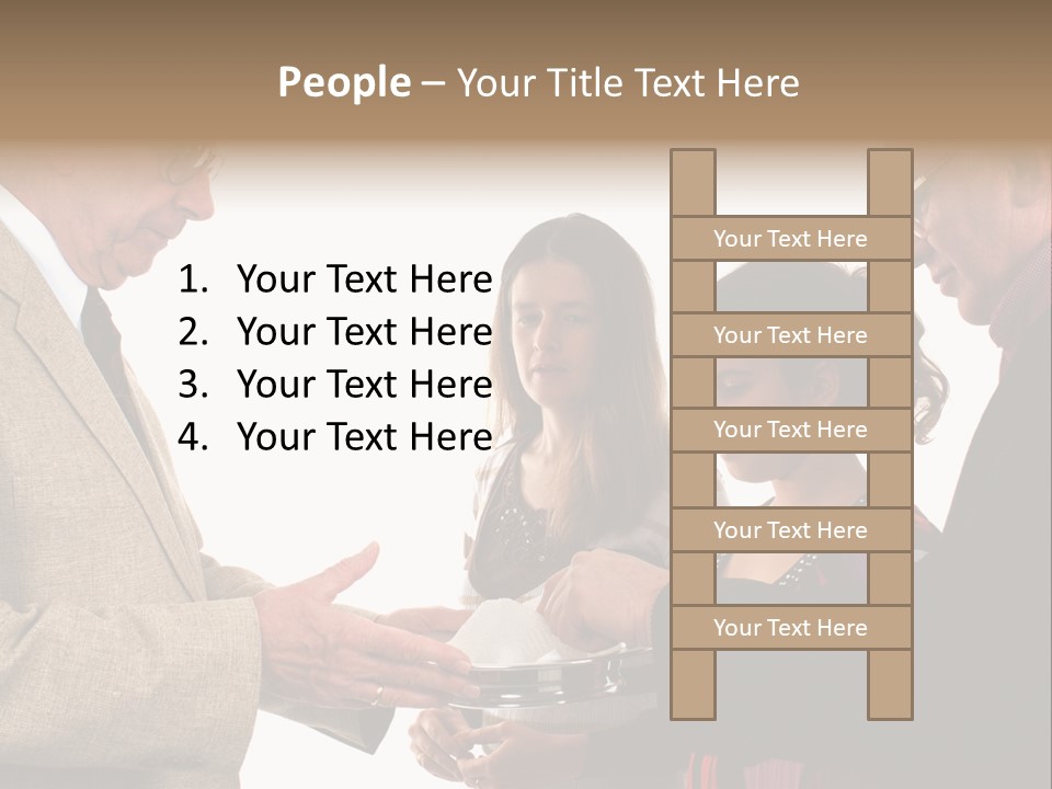 Elderly Man Passing The Bread Of Communion To Three People In The Congregation. Isolated On White. PowerPoint Template