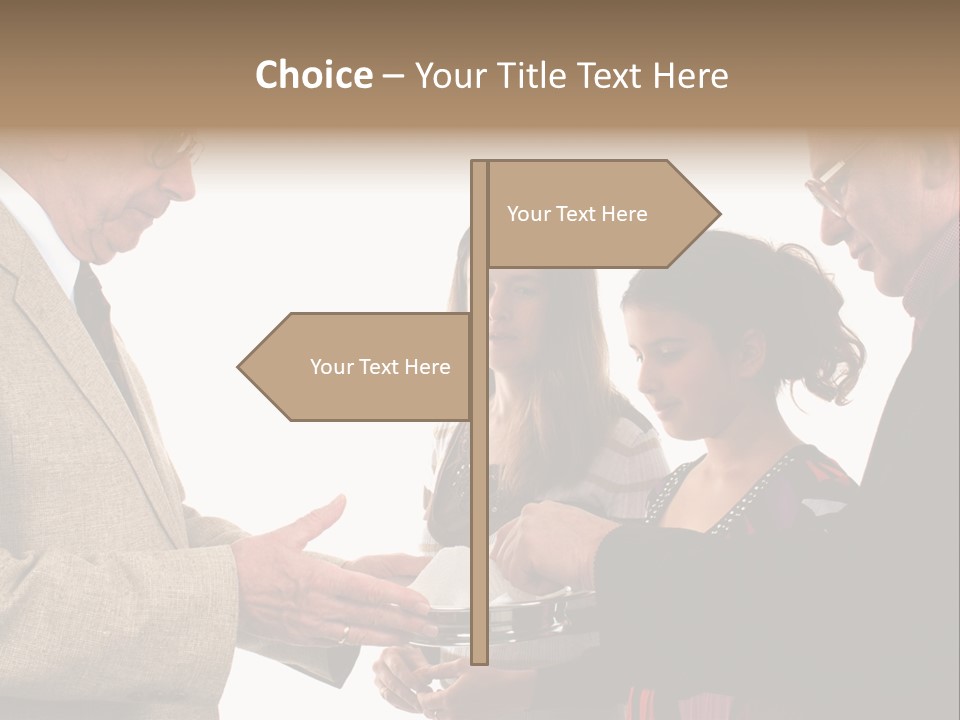 Elderly Man Passing The Bread Of Communion To Three People In The Congregation. Isolated On White. PowerPoint Template