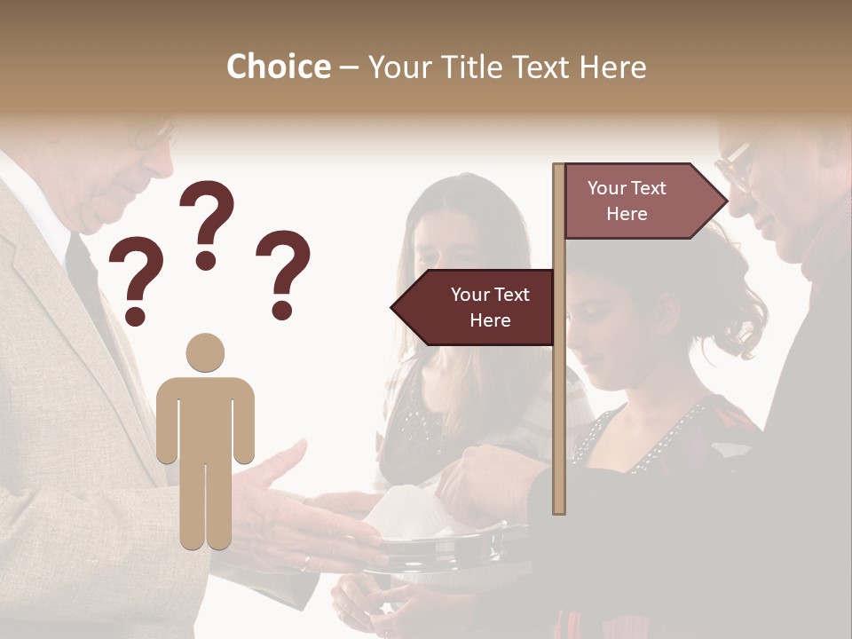 Elderly Man Passing The Bread Of Communion To Three People In The Congregation. Isolated On White. PowerPoint Template