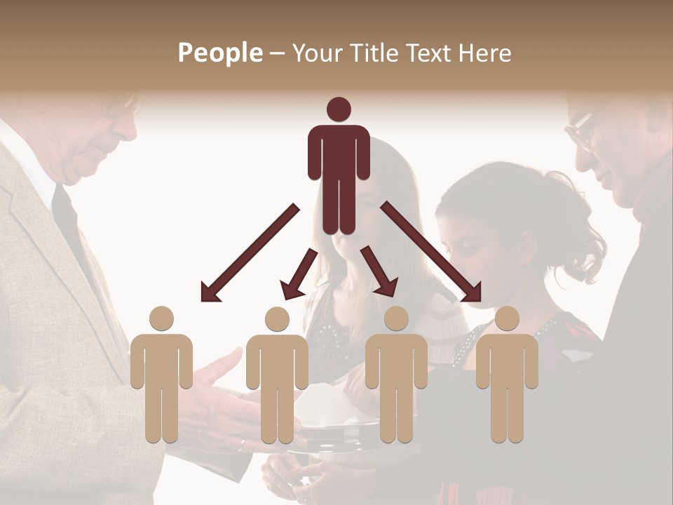 Elderly Man Passing The Bread Of Communion To Three People In The Congregation. Isolated On White. PowerPoint Template