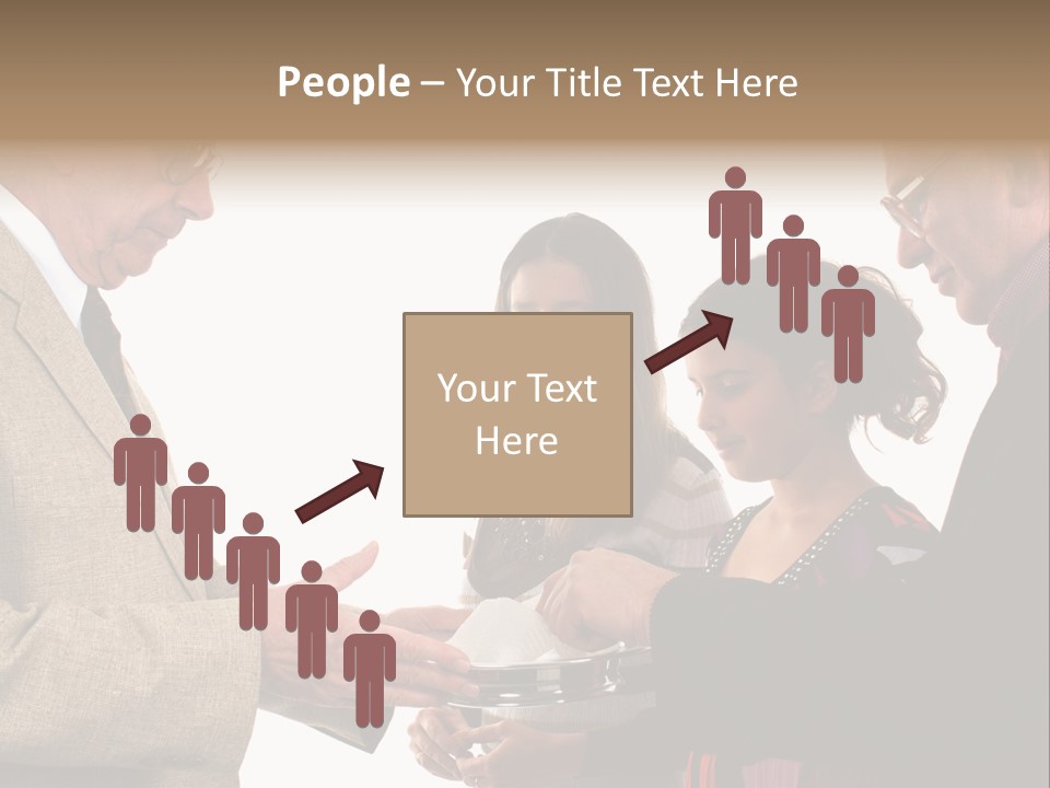 Elderly Man Passing The Bread Of Communion To Three People In The Congregation. Isolated On White. PowerPoint Template