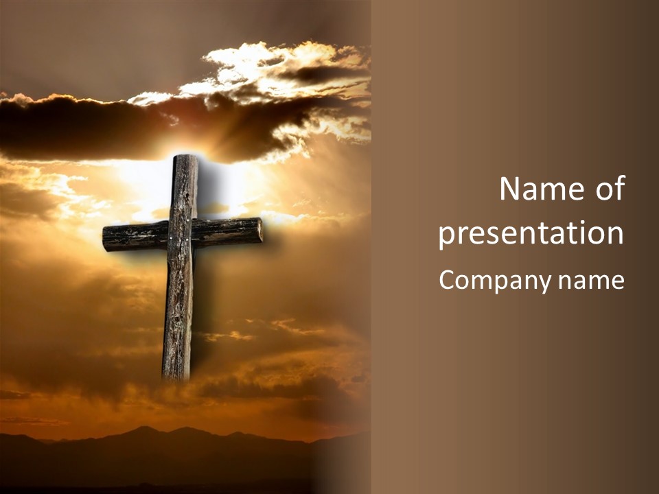 Rugged Cross Under A Ray Of Sunshine Through Clouds. PowerPoint Template