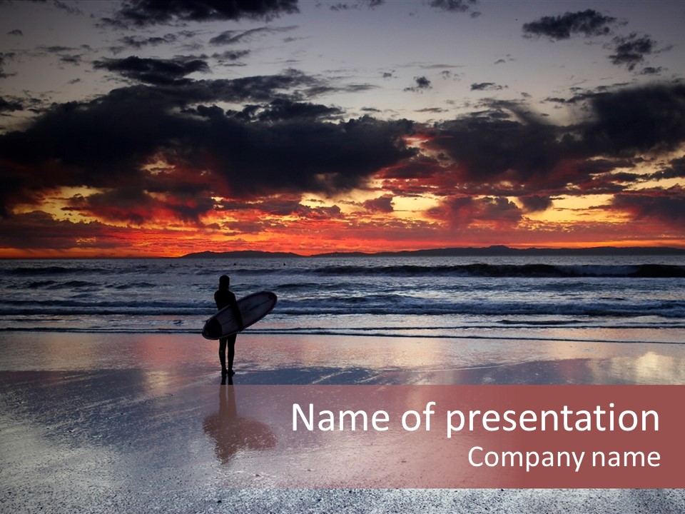 Young Female With A Surfboard Watching A Colorful Sunset. PowerPoint Template