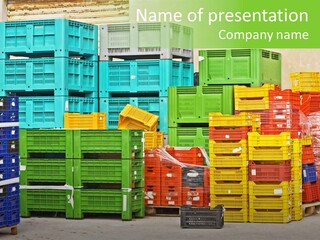 Coloured Stacks Of Fruits And Vegetable Crates In A Storehouse PowerPoint Template