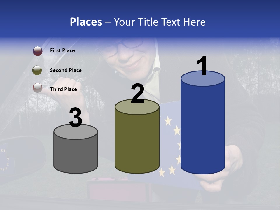 A Man Holding A Blue Box With A European Flag On It PowerPoint Template