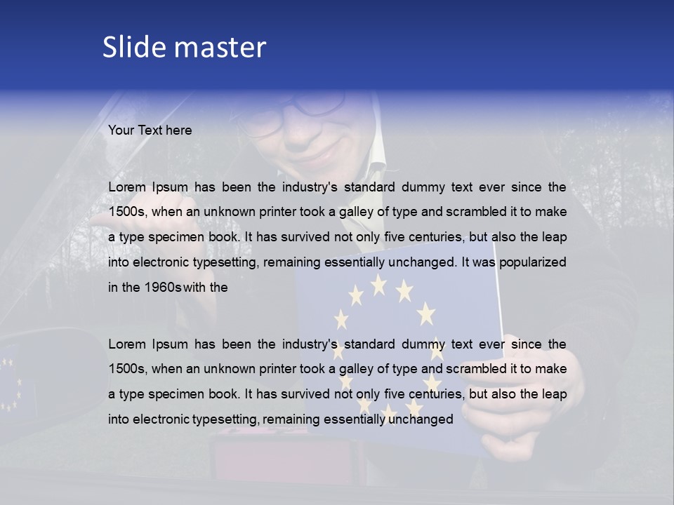 A Man Holding A Blue Box With A European Flag On It PowerPoint Template